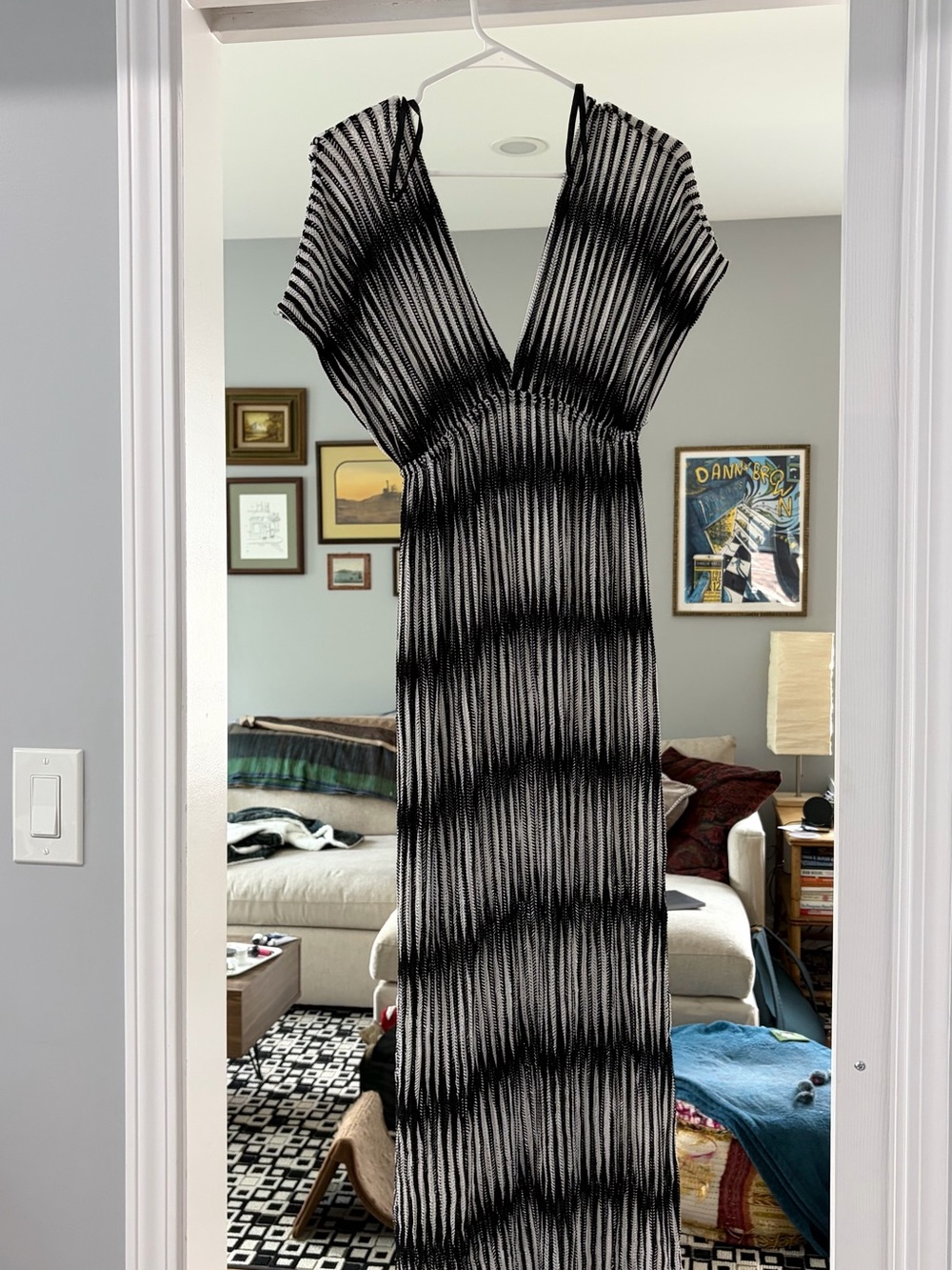 Striped Black and White V-Neck Maxi Dress